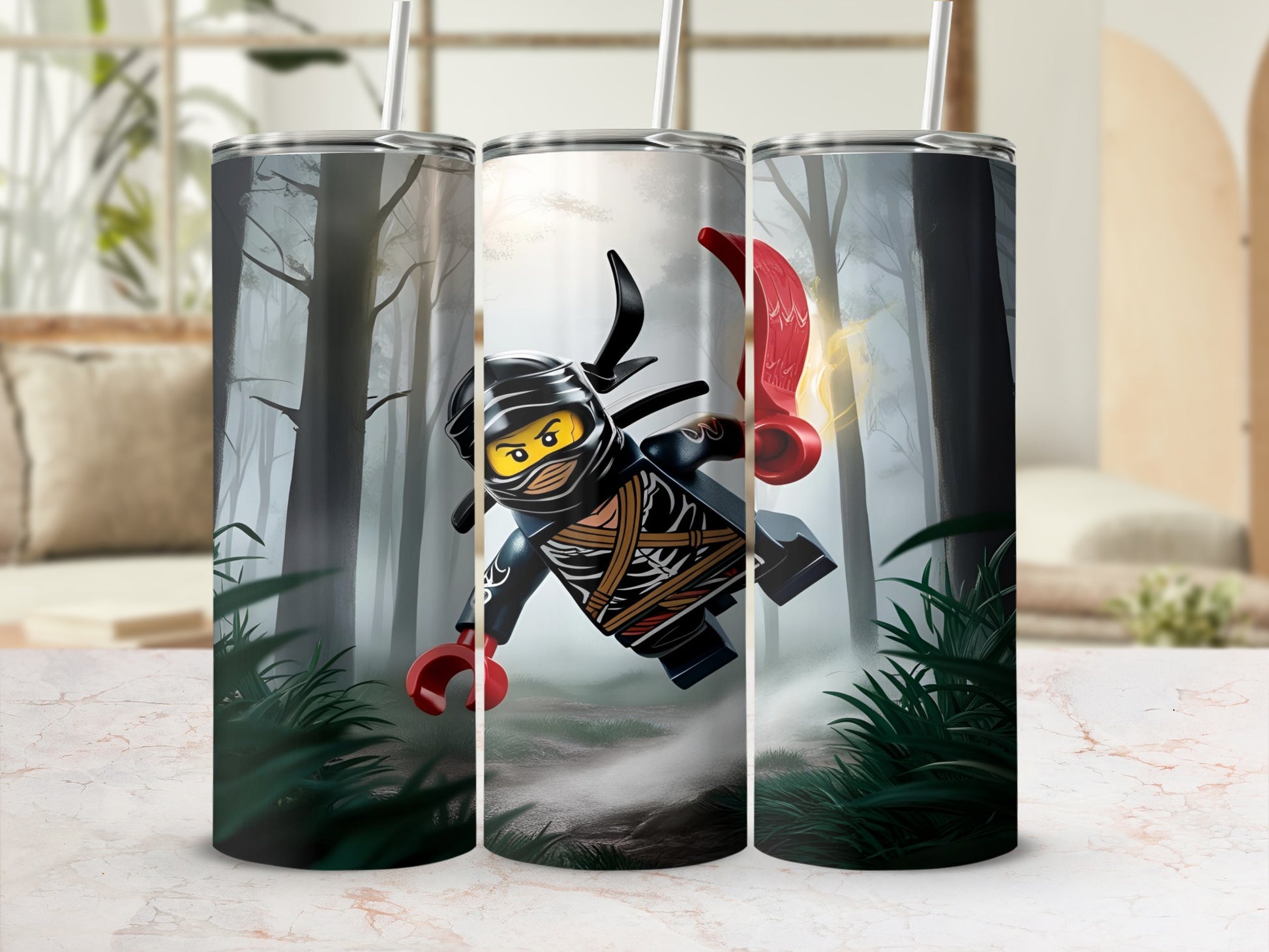 Ninja character in action pose on a tumbler, with foggy forest background.