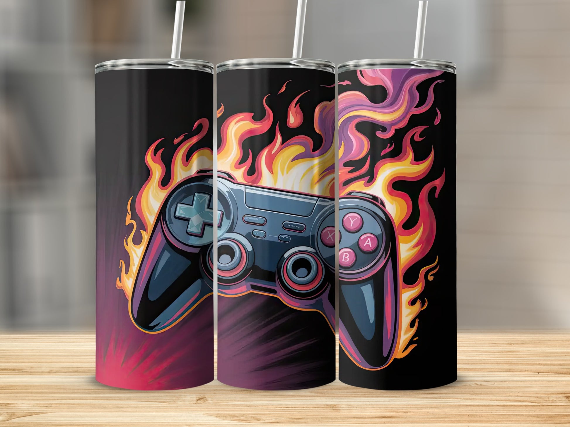 Gaming Controller Fire Flames Artwork Tumbler Design