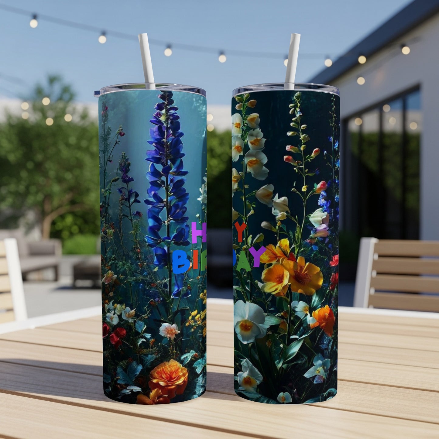 Two tumblers with colorful floral designs and "Happy Birthday" text.
