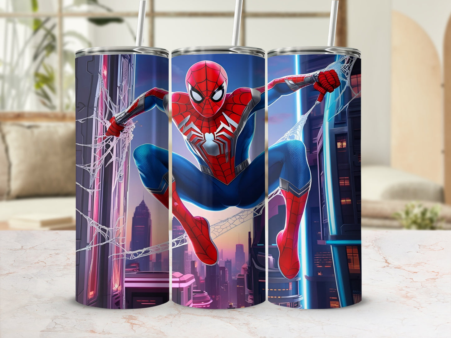 Spiderman in action, swinging through a city, on a tall tumbler.
