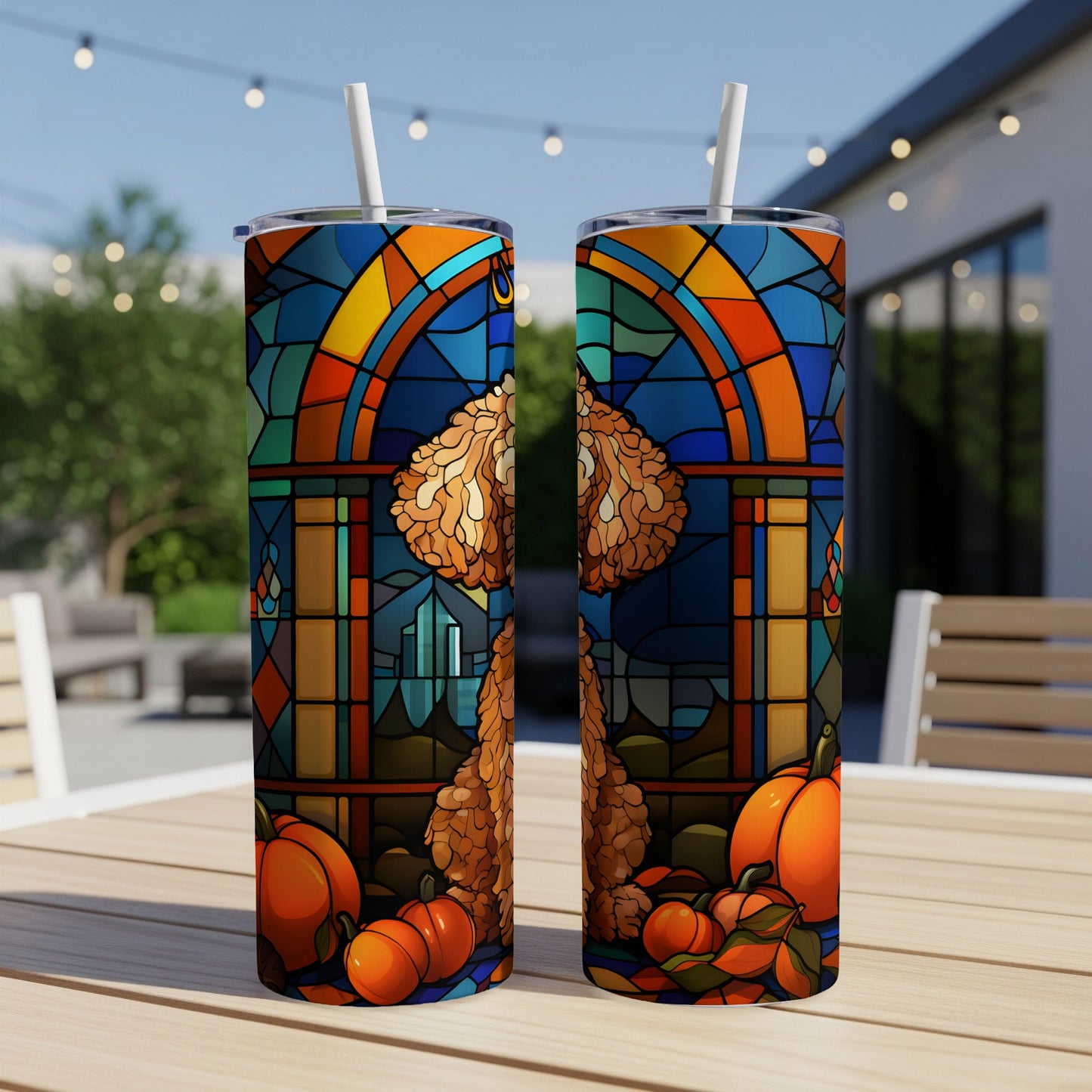 Two tumblers with stained-glass style designs featuring pumpkins and autumn leaves.