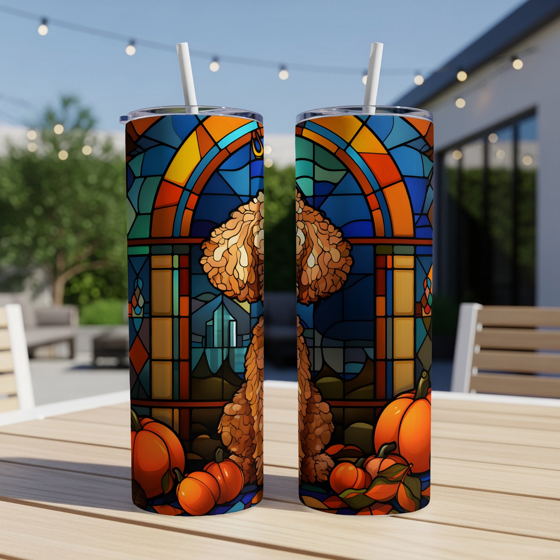 Two tumblers with stained-glass style designs featuring pumpkins and autumn leaves.