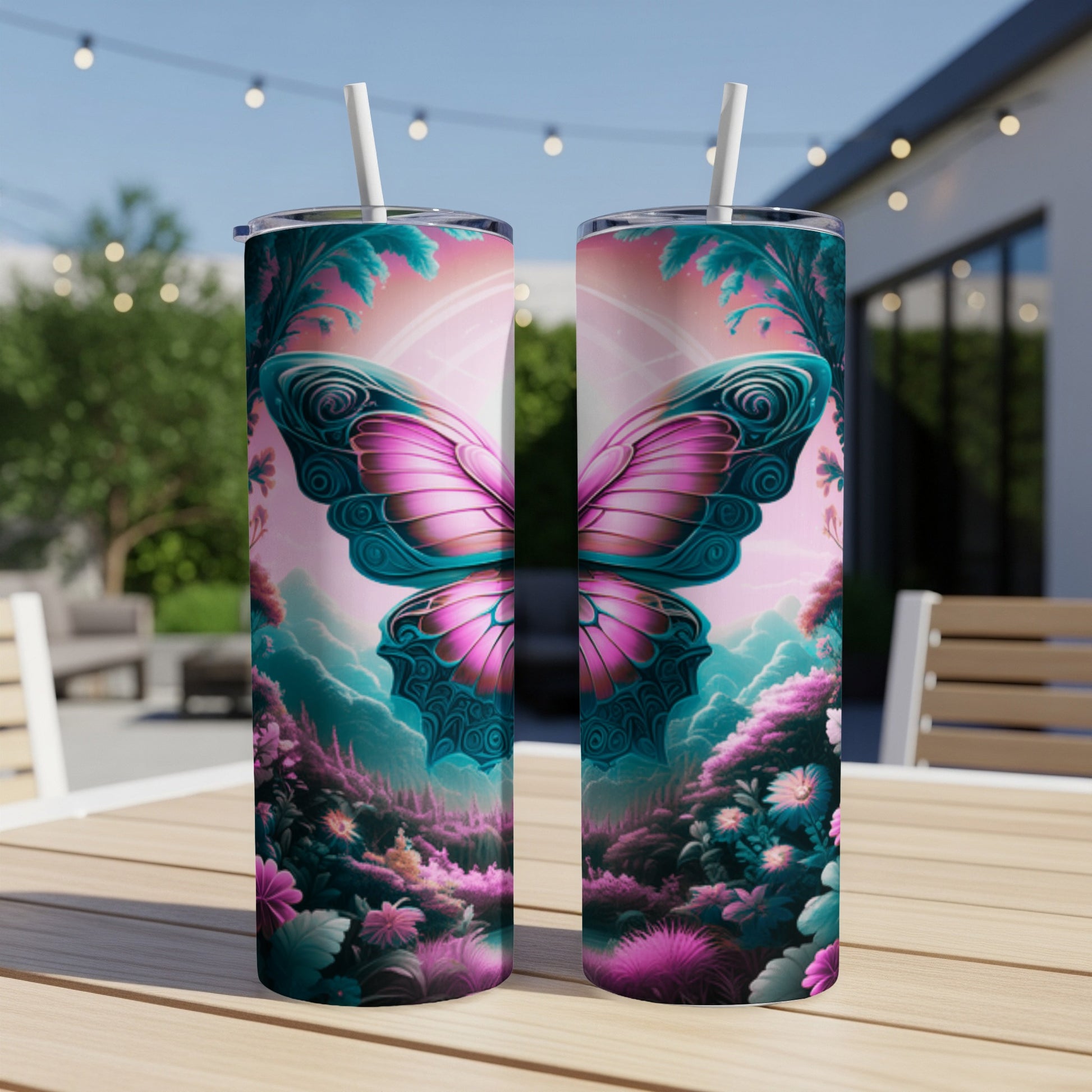 Pink and teal butterfly design on two tumblers with a whimsical fantasy landscape.