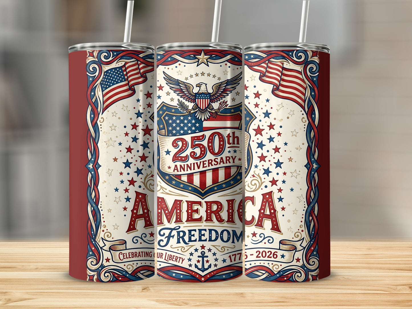 250th Anniversary America Freedom tumbler with patriotic flag design.