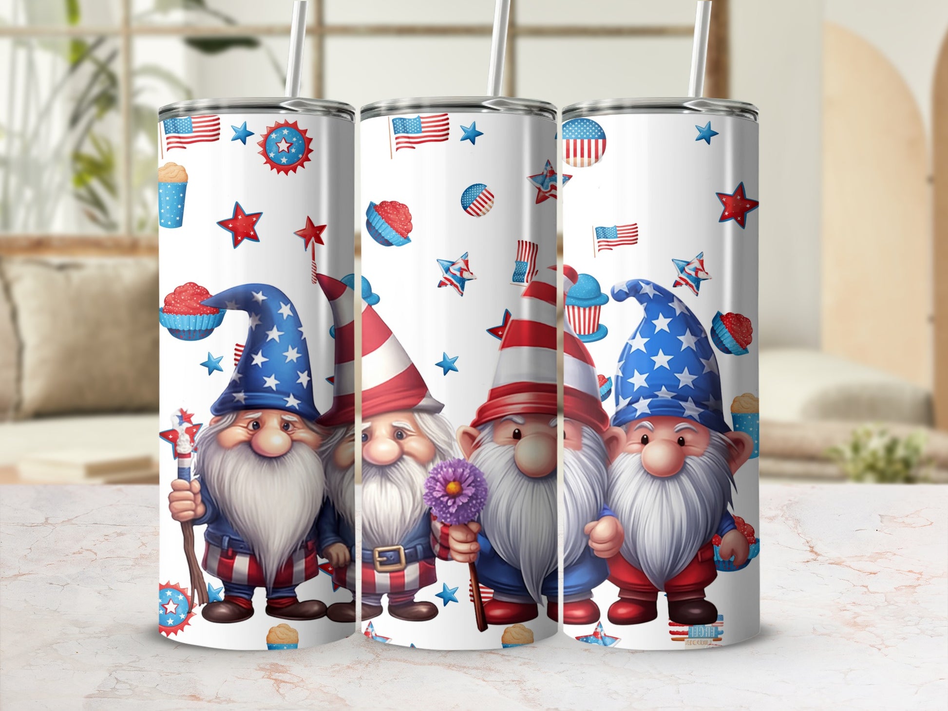 Four patriotic gnomes with American flags and stars on tumblers.