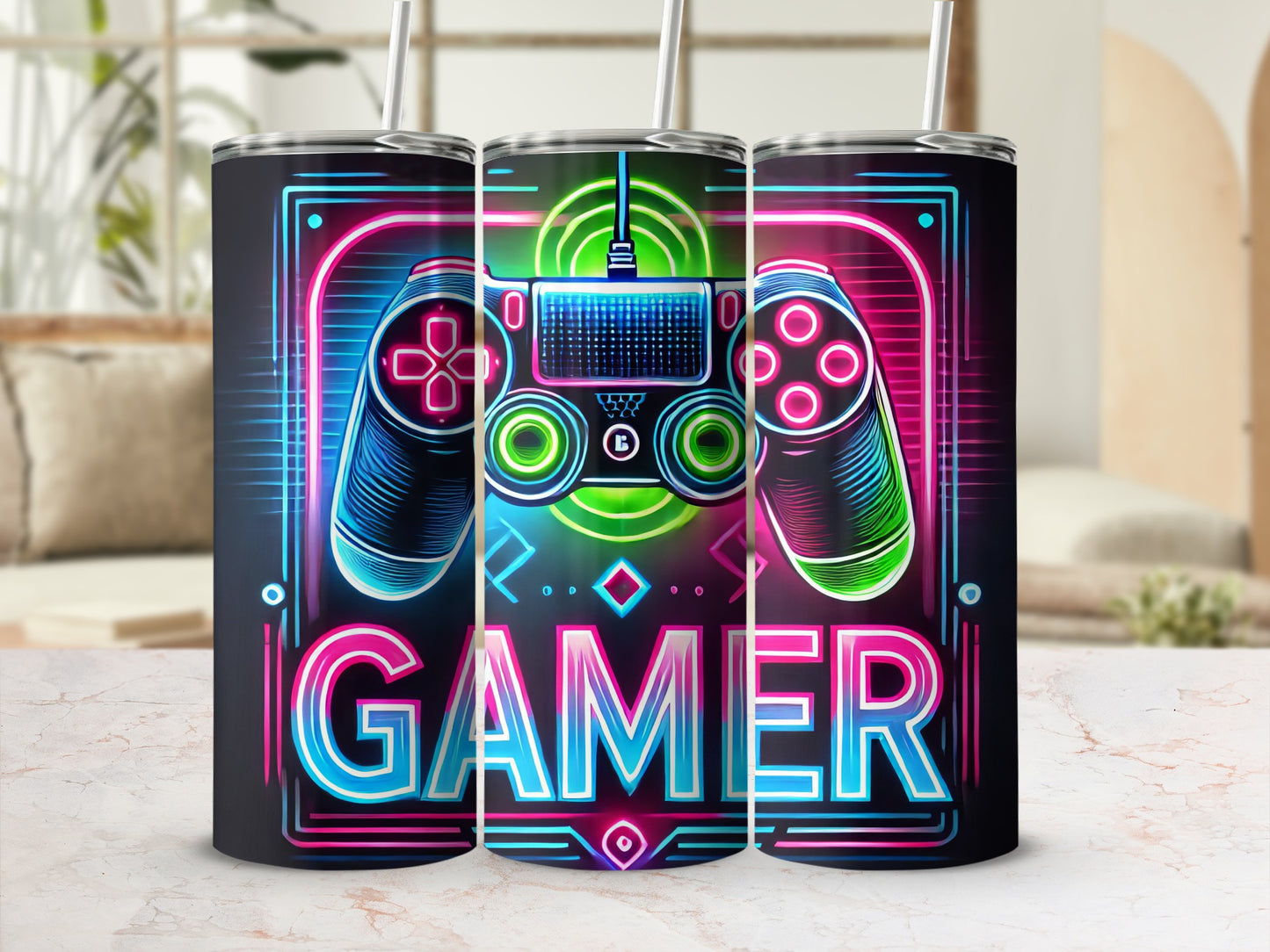 Neon gaming controller with "GAMER" text on a tumbler.