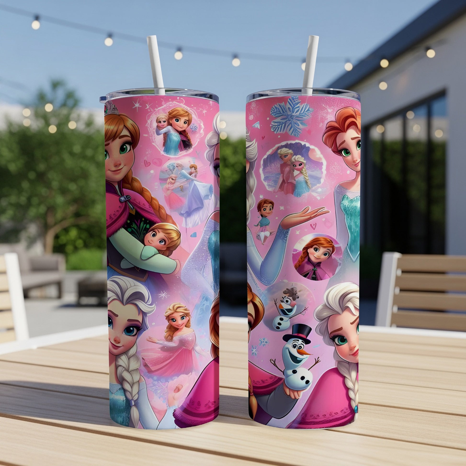 Two Disney Frozen tumblers featuring Elsa, Anna, and Olaf against a pink background.