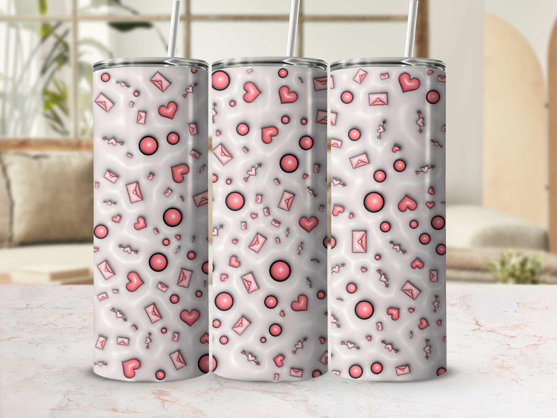 Pink Hearts and Envelopes Pattern Tall Skinny Tumblers