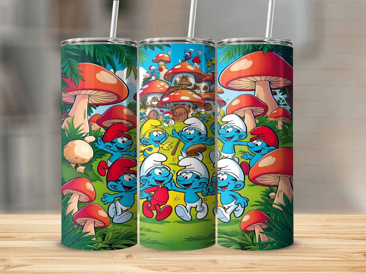 Smurfs and mushroom village illustration on three tumblers.