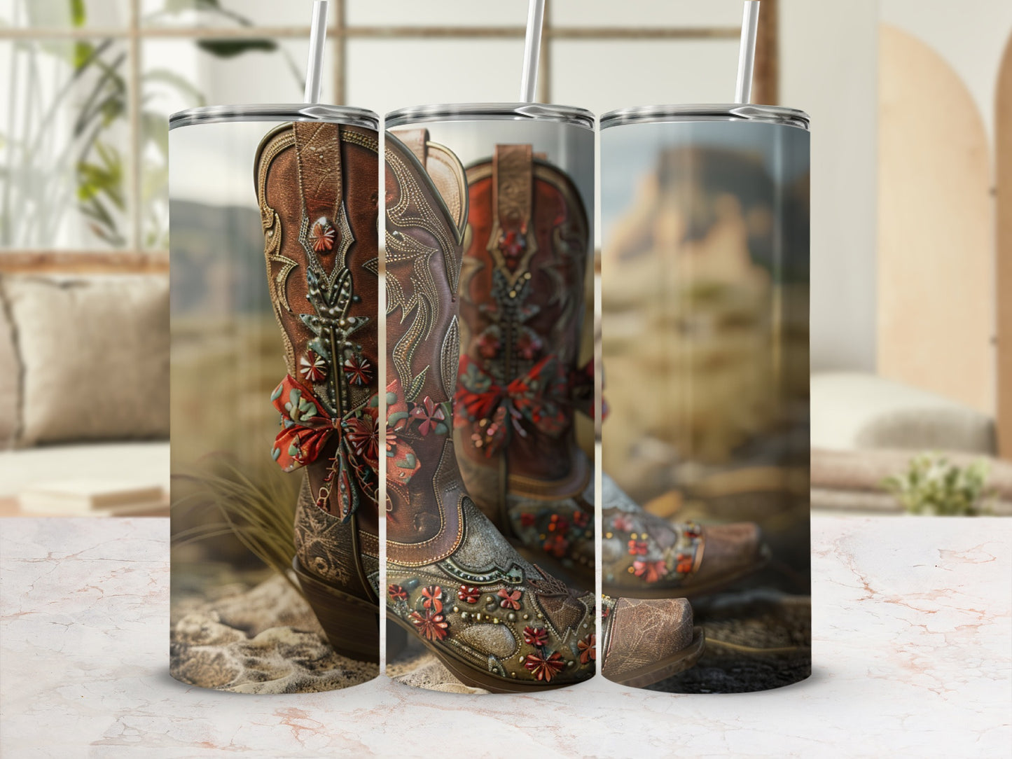 Three brown leather cowboy boots with intricate floral and bead embellishments and red bows.
