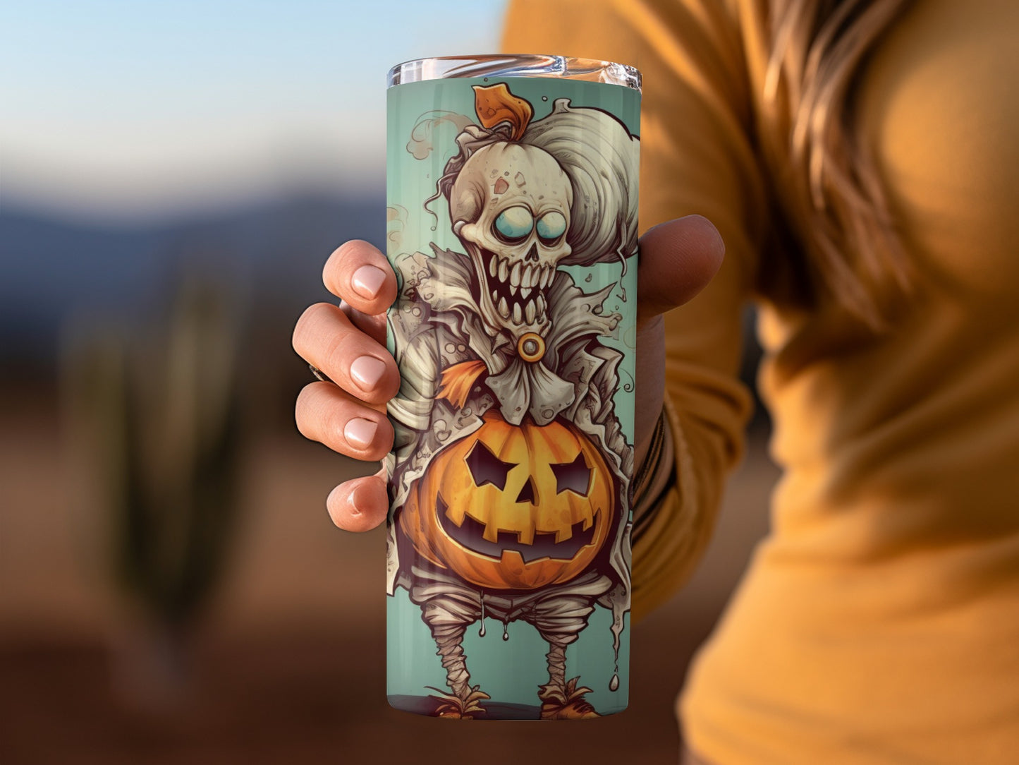 Creepy Pumpkin Skeleton with Blue Background Tumbler