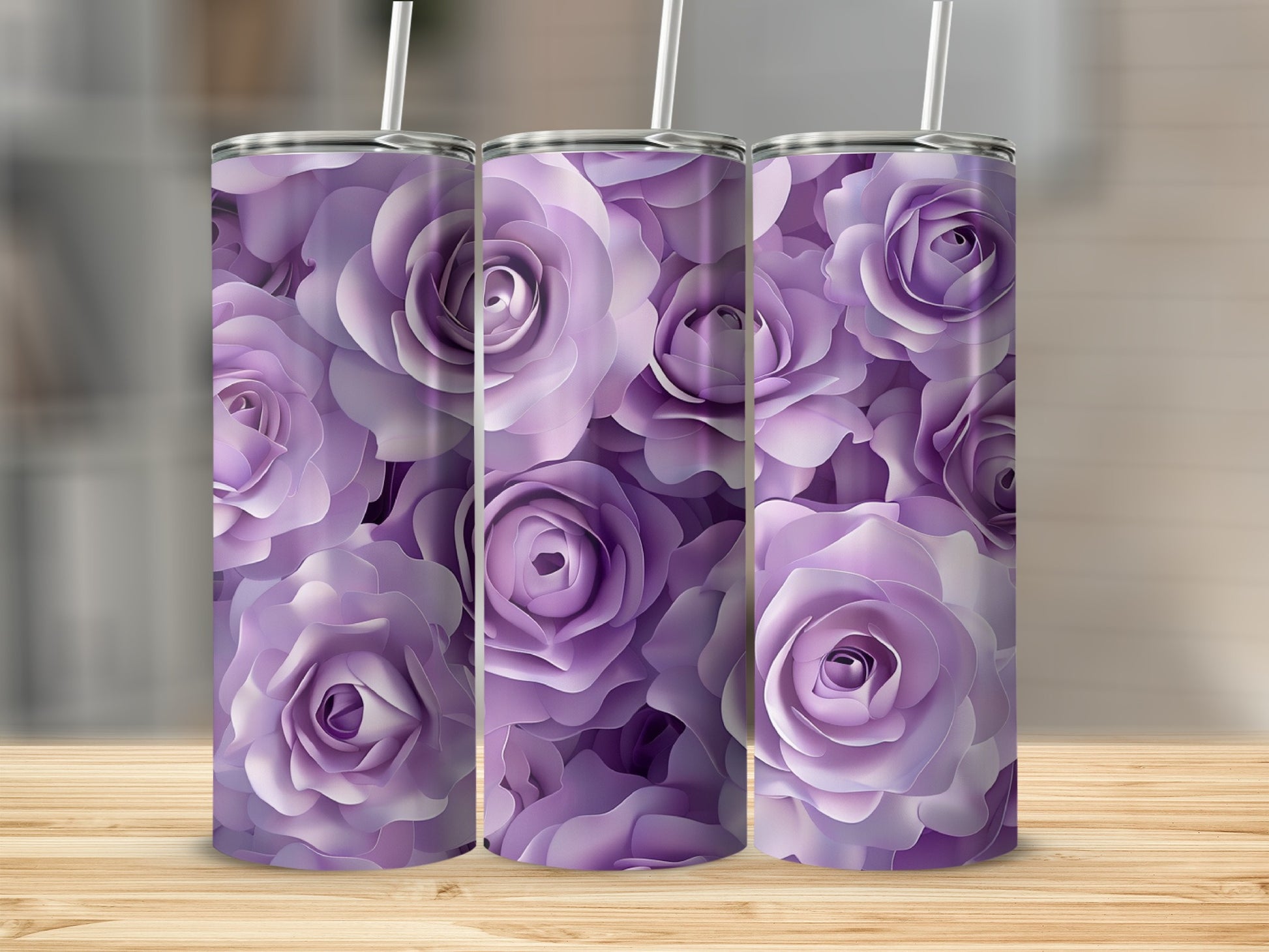 Three tall tumblers with a purple rose floral pattern.