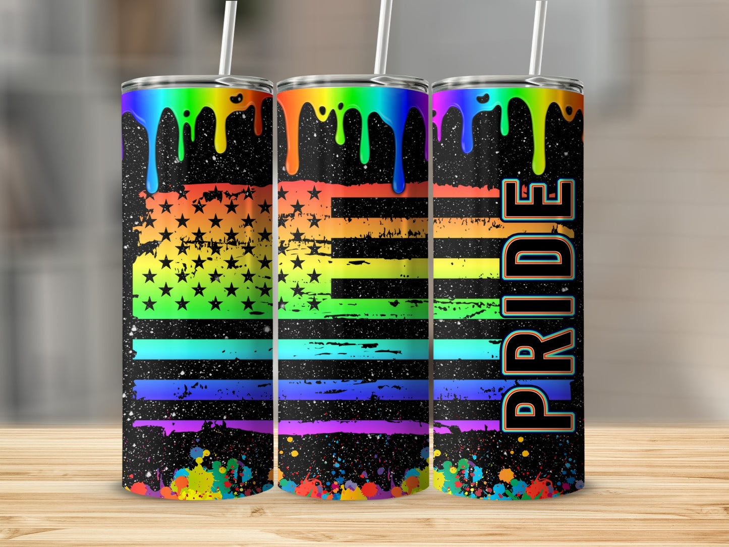 Rainbow pride flag on a speckled black tumbler with "Pride" text.