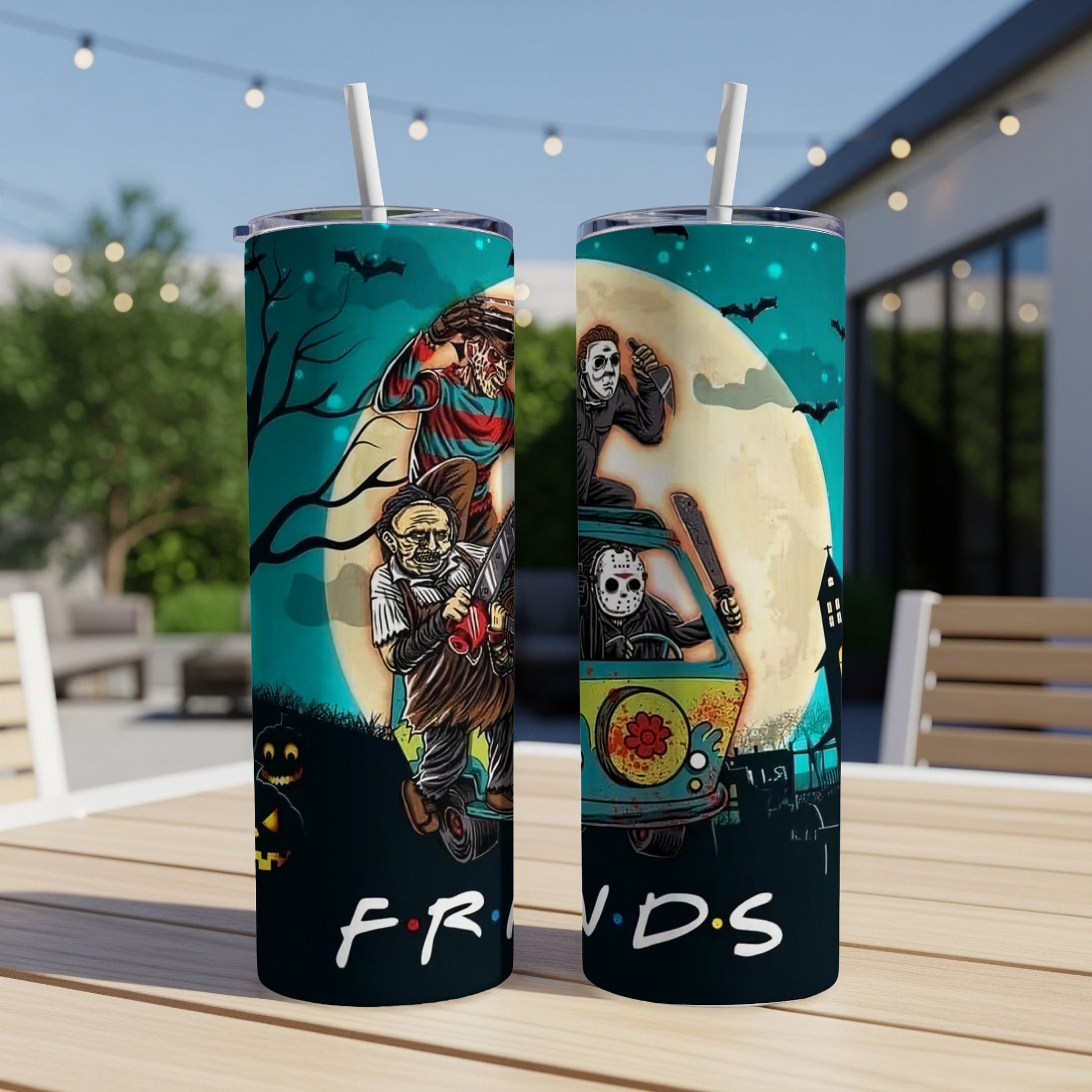 Two tumblers with horror characters and "Friends" logo on dark background.