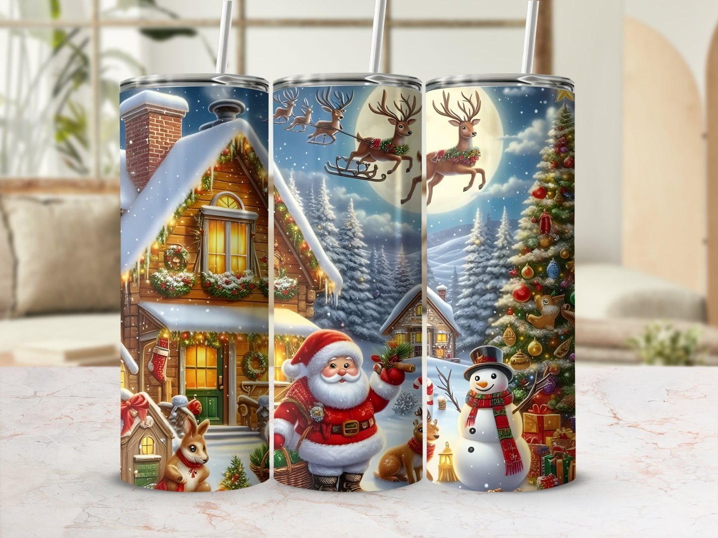 Festive Christmas Santa and Snowman Scene Tumbler