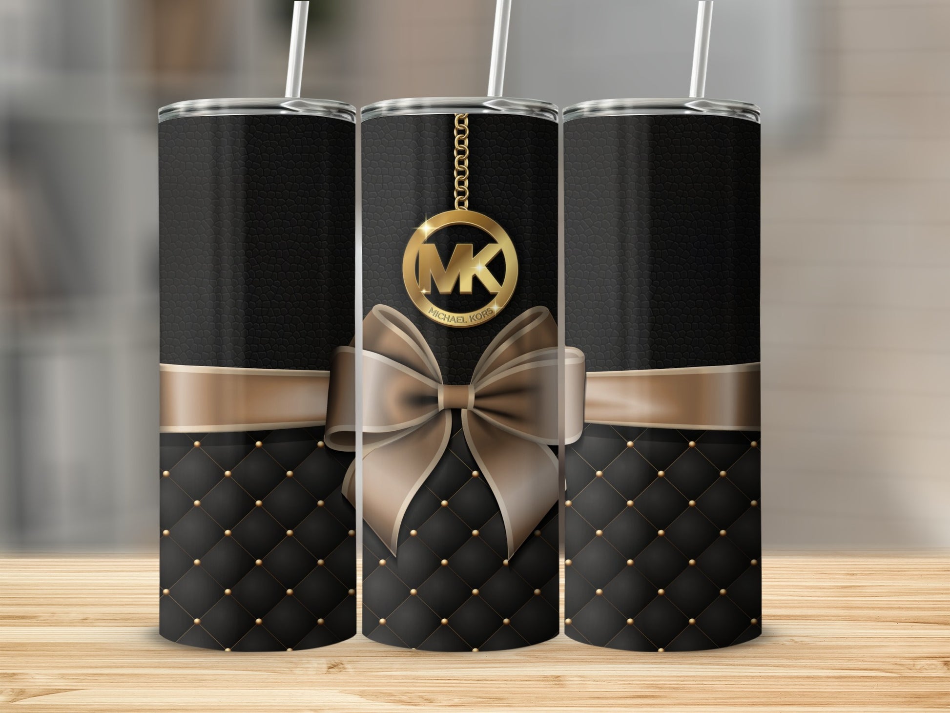 Stylish MK Black Matte Tumbler with Gold Ribbon Detailing