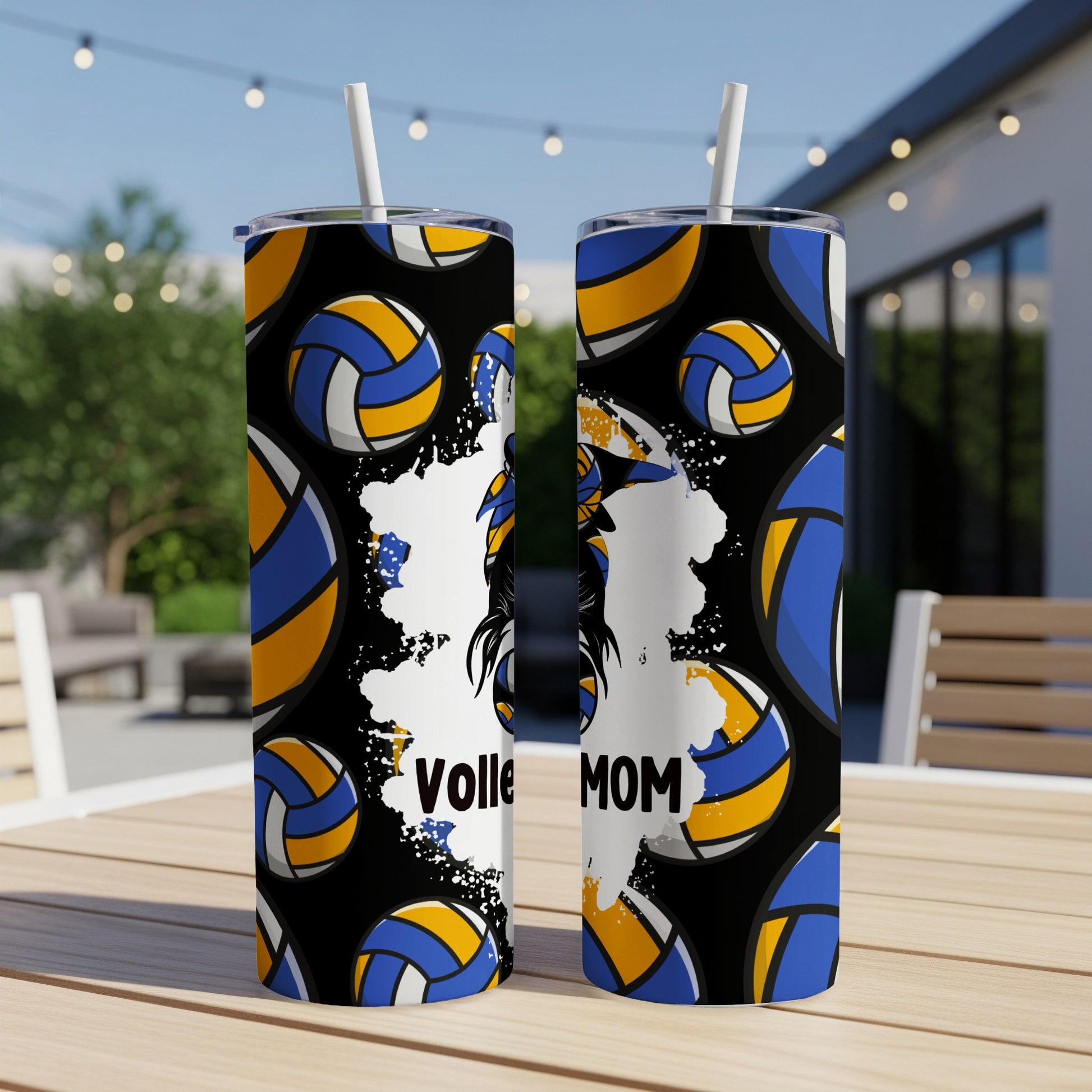 Two tumblers with a black background and a pattern of volleyballs.