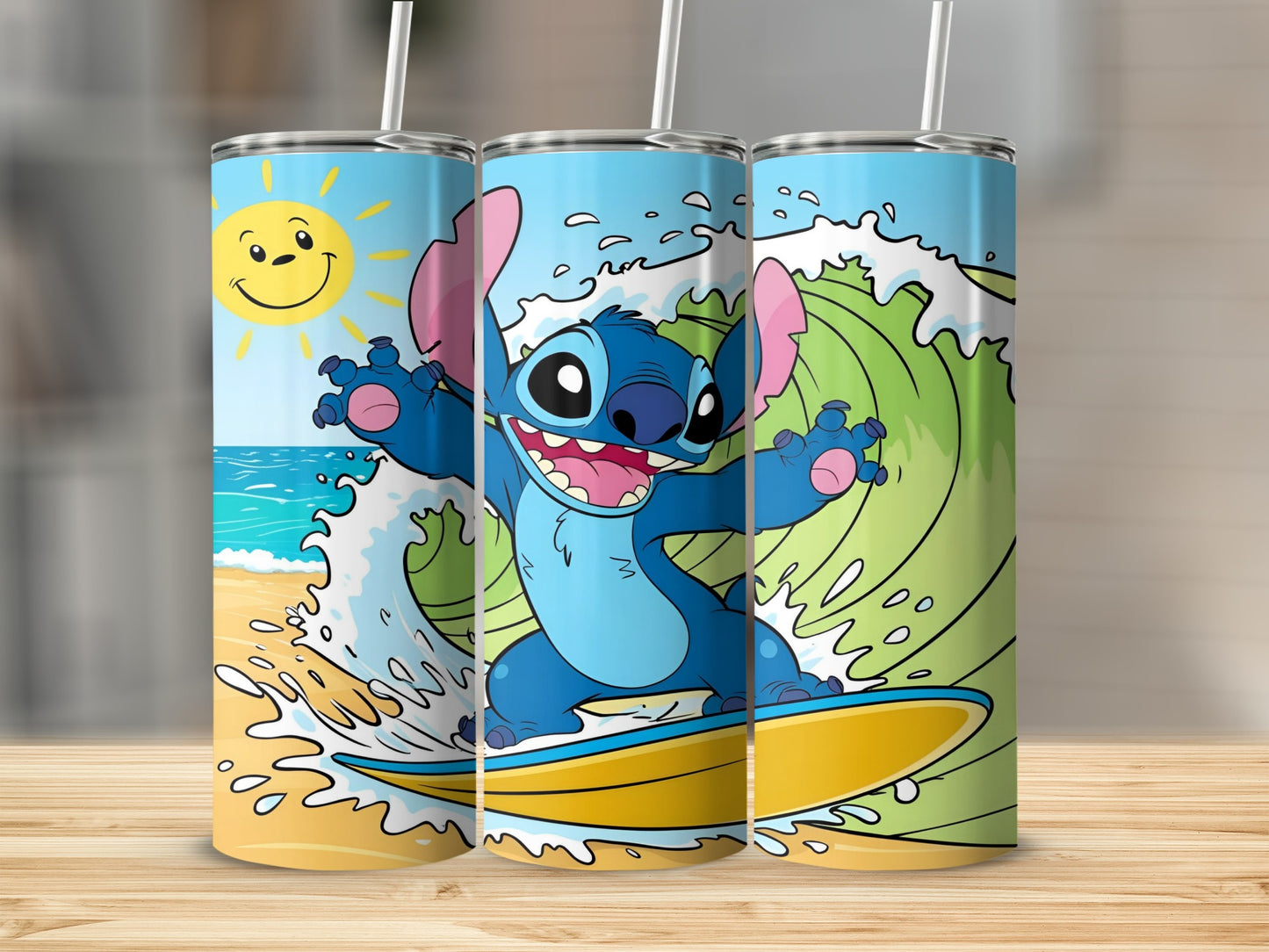 Stitch surfing on a yellow surfboard on a wavy blue ocean under a sunny sky.