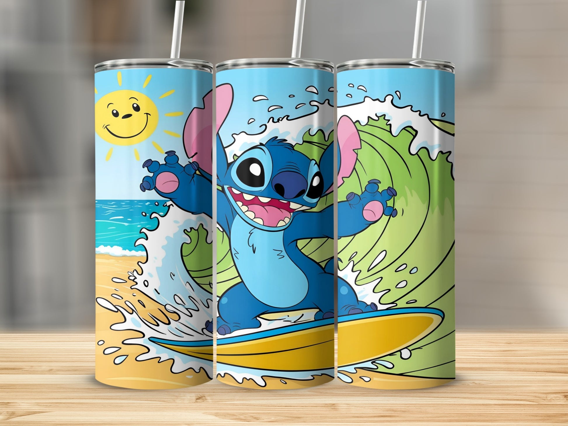 Stitch surfing on a yellow surfboard on a wavy blue ocean under a sunny sky.