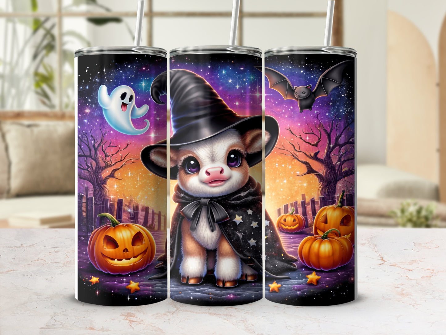 Cute cow in witch hat with pumpkins and ghost for Halloween.