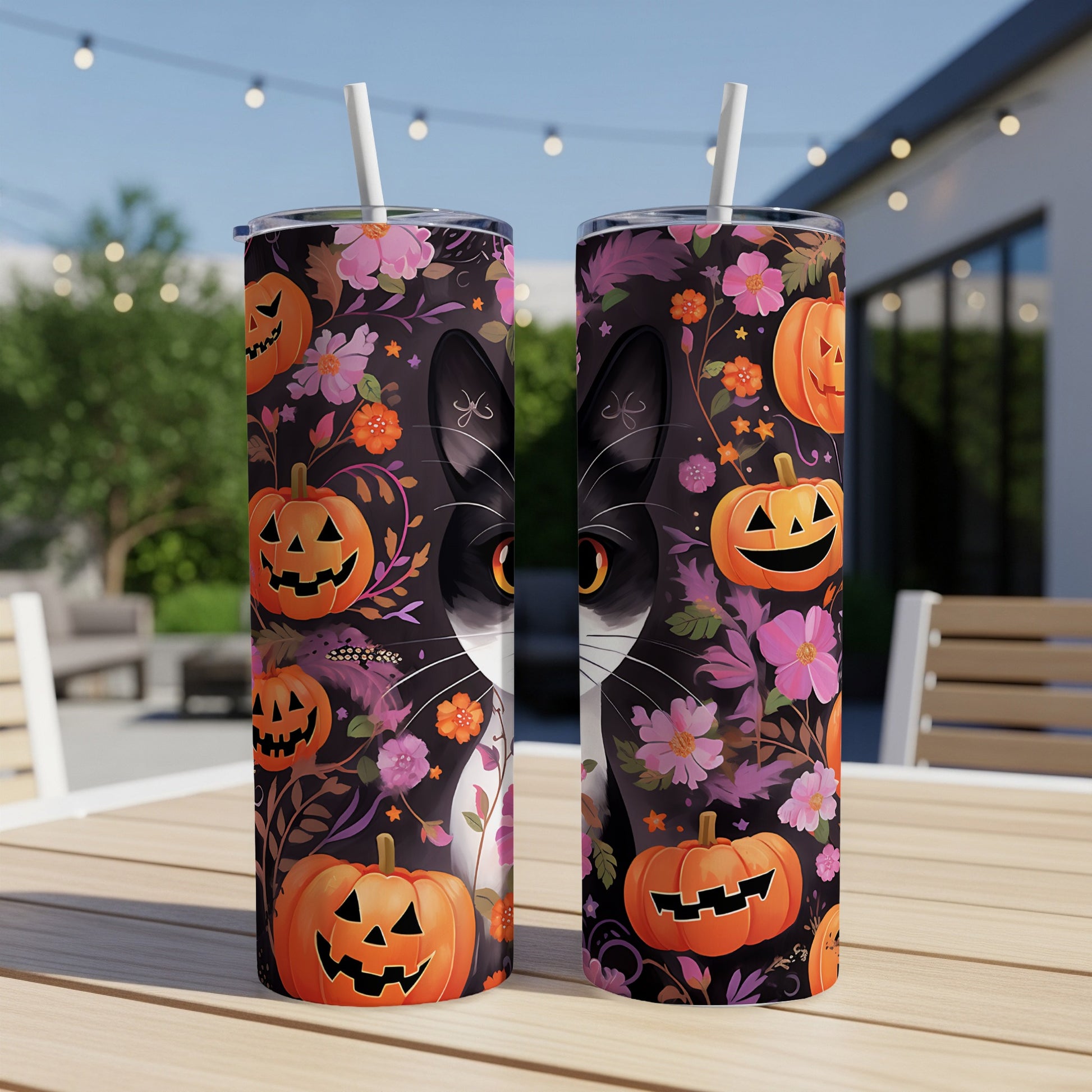 Black and white cat with pumpkins and flowers on a tumbler.