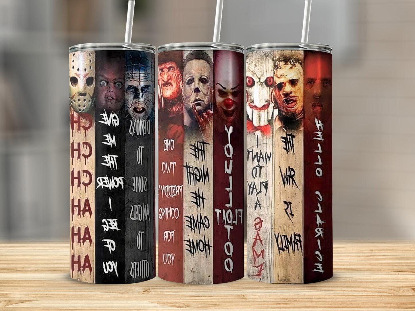 Tumblers with horror movie characters and bloody text.