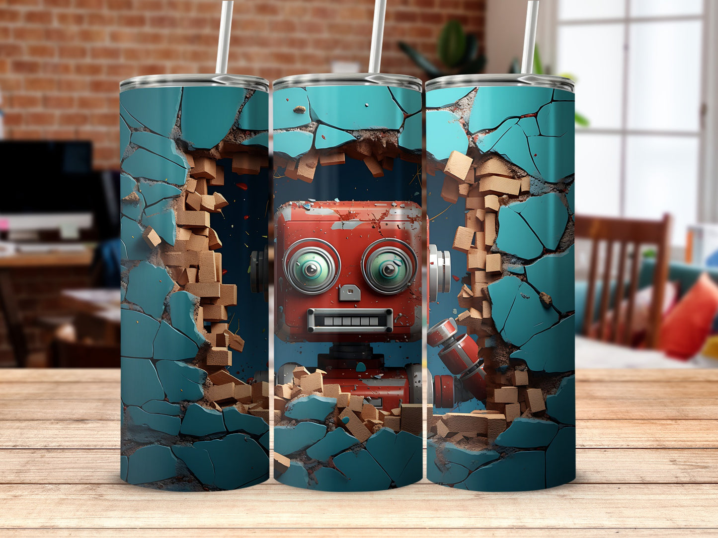 Retro Robot Breaking Through Wall Tumbler Design
