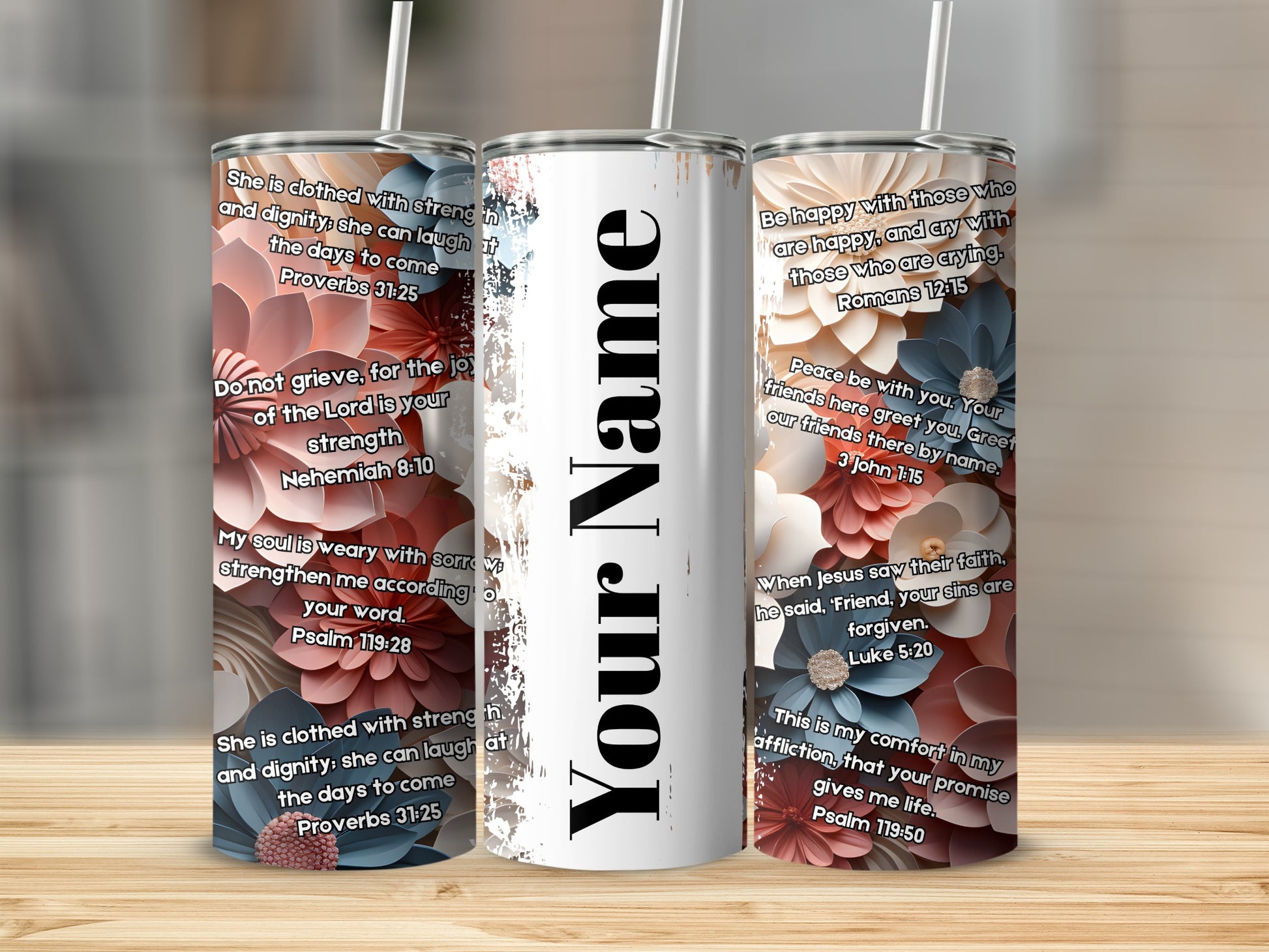 Personalized Floral Themed Tumbler with Bible Verses