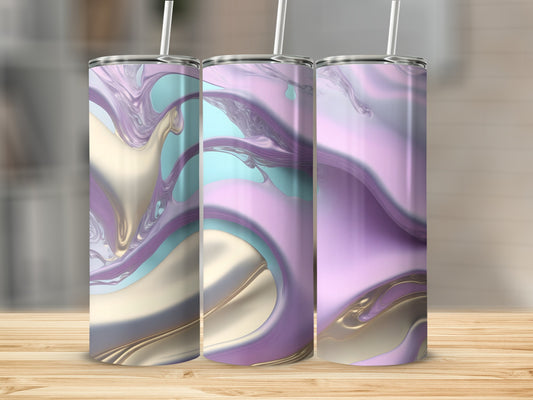 Three tumblers with a swirling purple, blue, and gold abstract design.