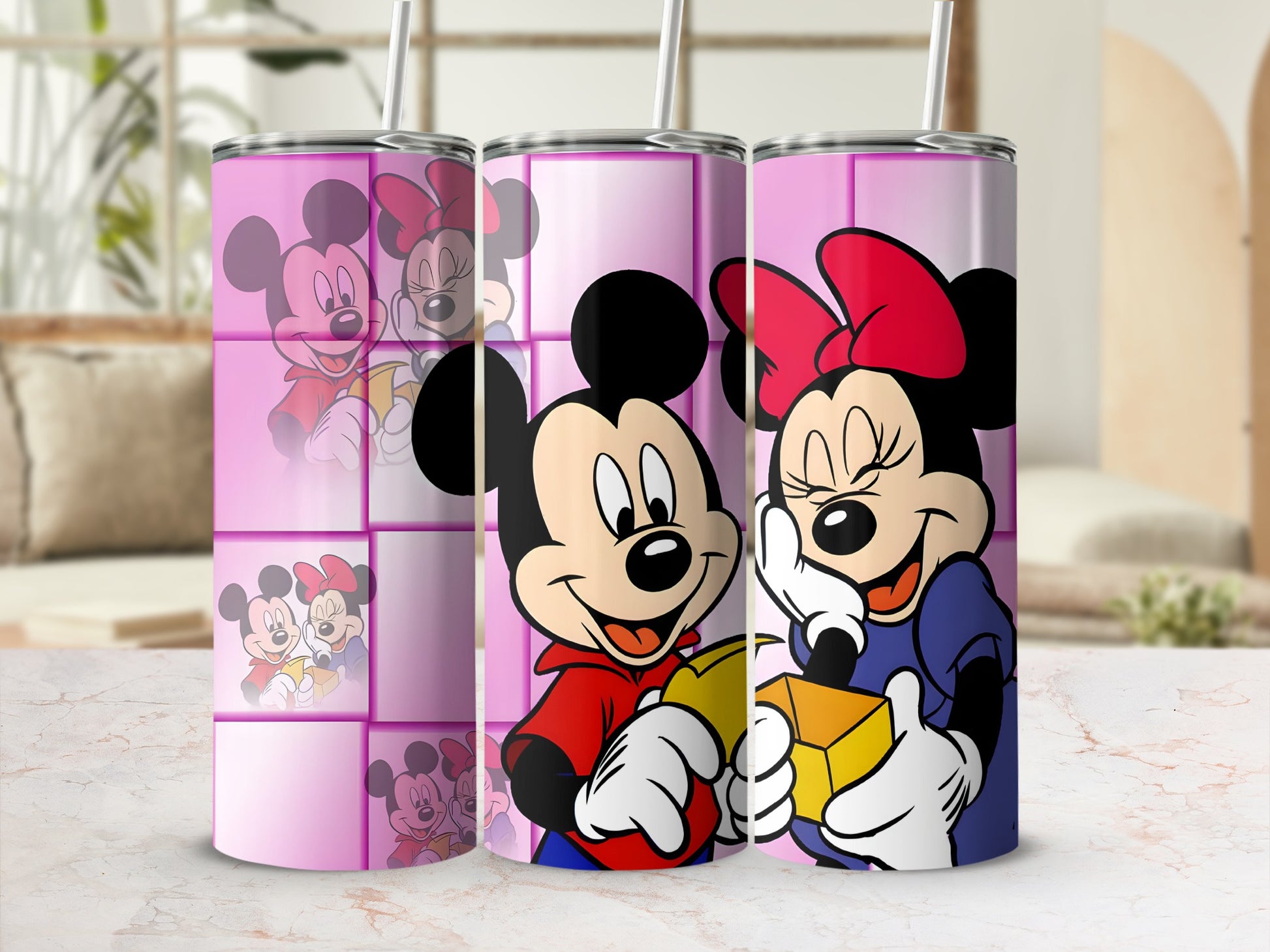 Mickey and Minnie Mouse cartoon characters on a pink tumbler with tile pattern.