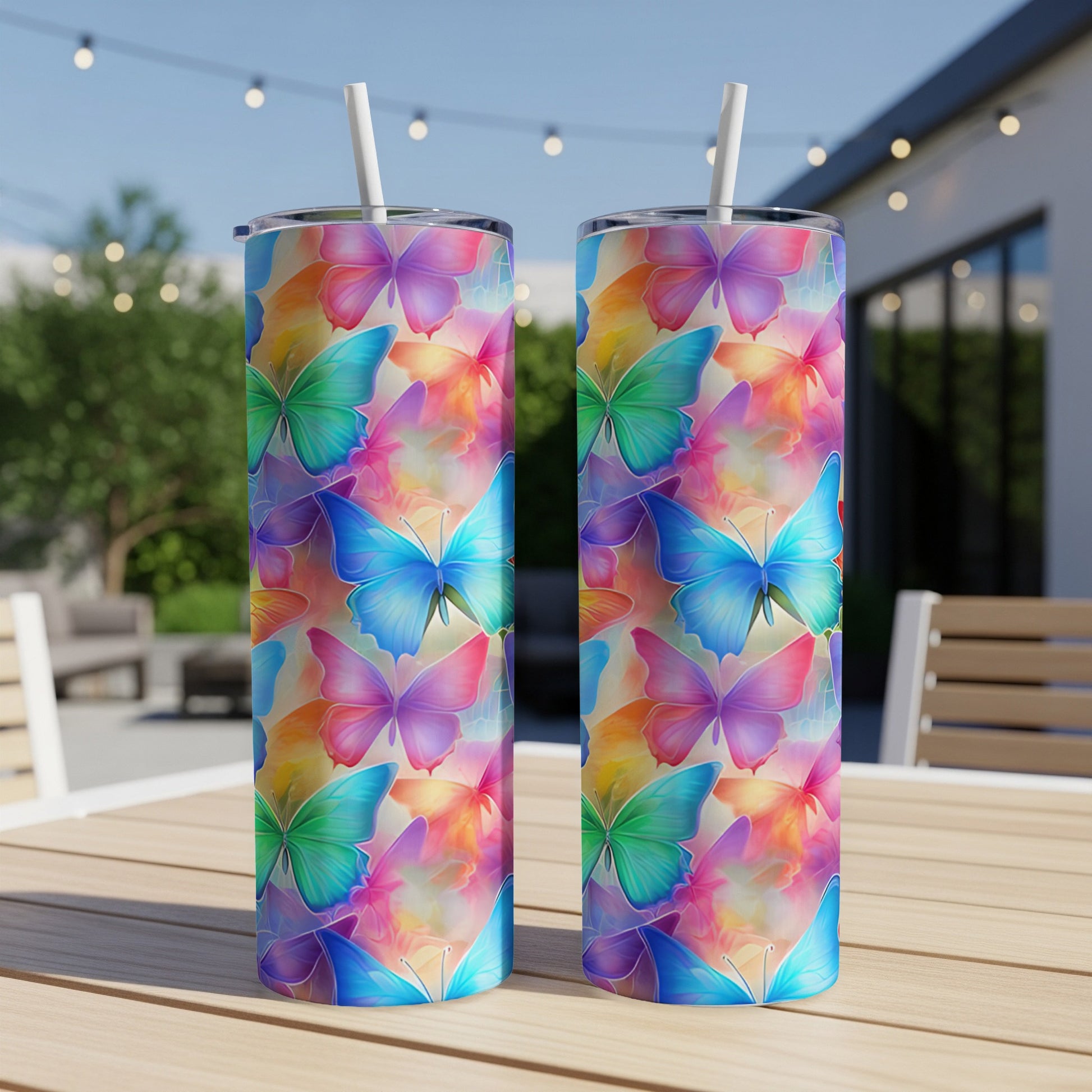 Two tall tumblers with a colorful butterfly watercolor design.