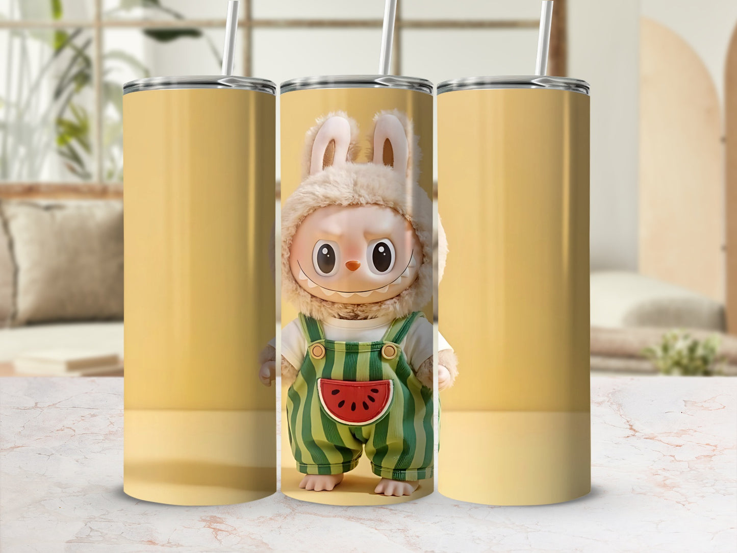 Cute Cartoon Bunny in Overalls Yellow Tumbler Product