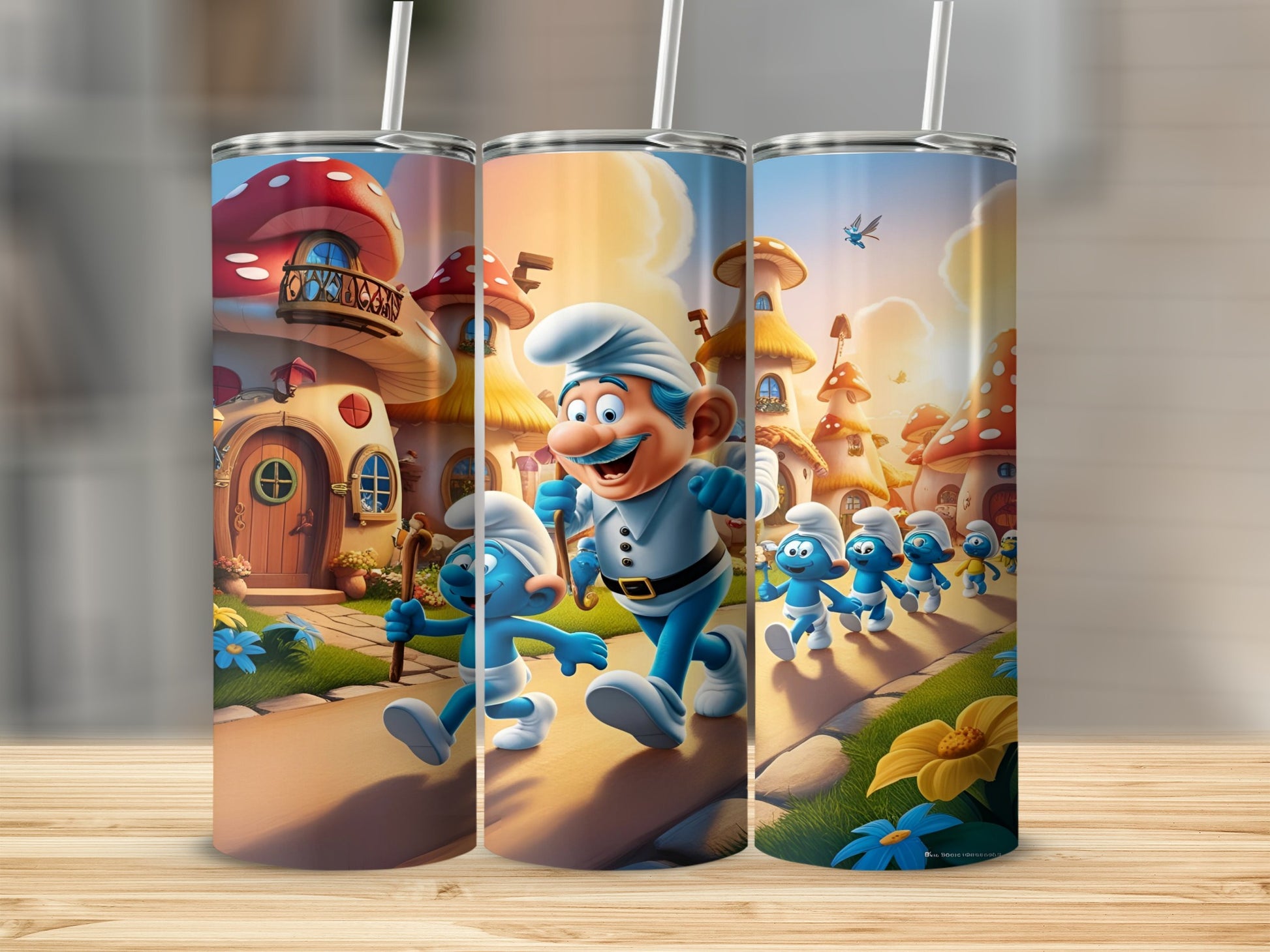 Smurfs walking through a Smurf village with mushroom houses.