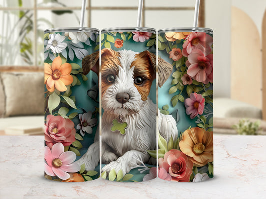 Dog with floral background on three tumblers.