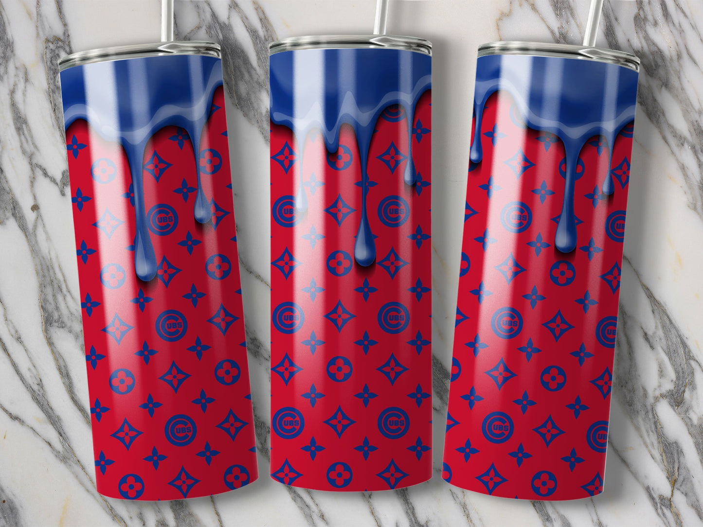 Blue Drip UBS Logo Pattern against Red Color Tumblers