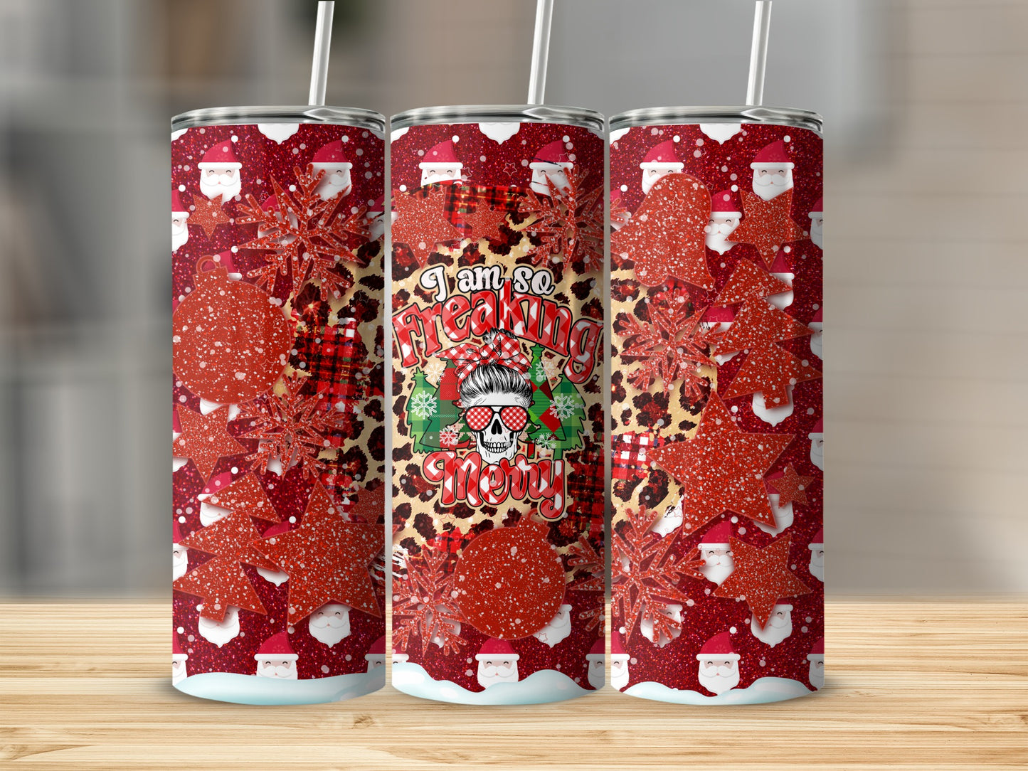 Three tumblers with Santa, snowflakes, and leopard print, featuring text "I am so freaking snowy".