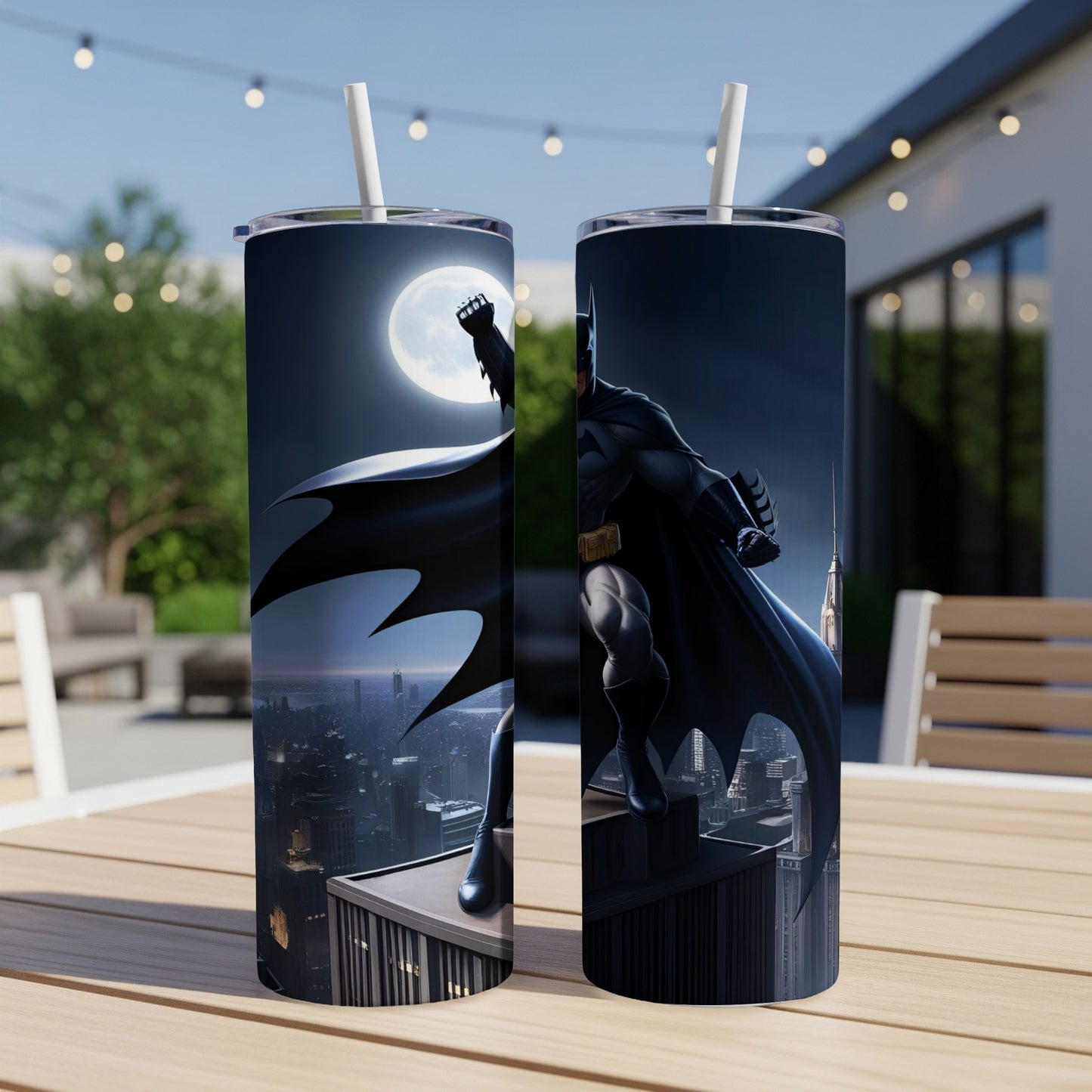 Batman standing heroically on a city rooftop under a full moon.