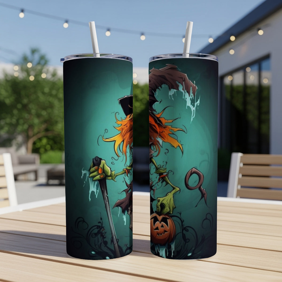 Two tumblers with spooky Halloween scarecrow and pumpkin designs.