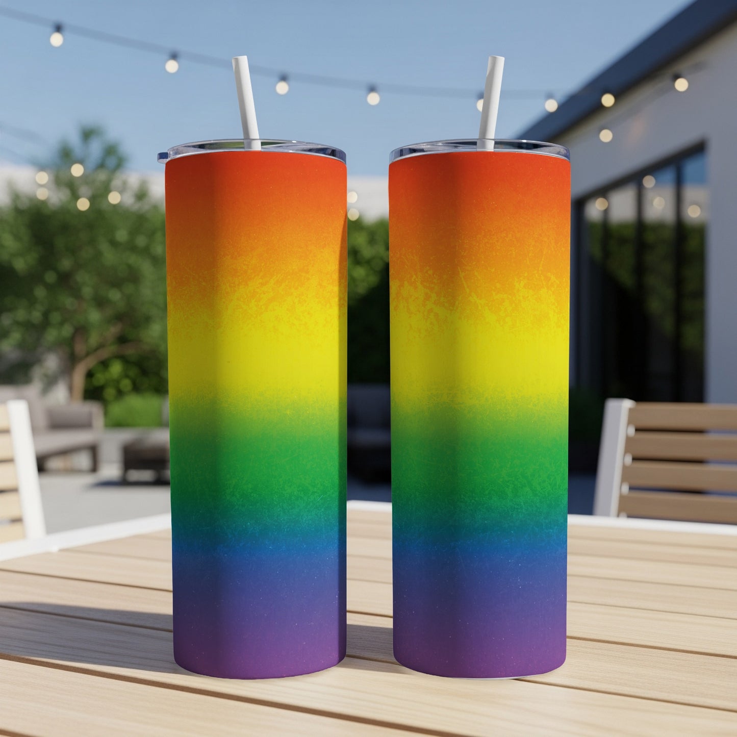 Two rainbow gradient tumblers with straws on a wooden table outdoors.