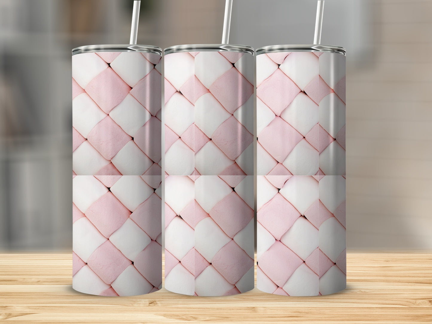 Three tumblers with a pink and white marshmallow pattern.