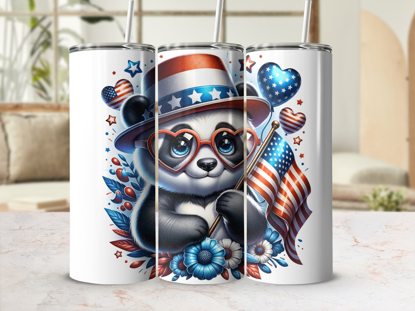 Panda in patriotic hat and heart glasses holding American flag.