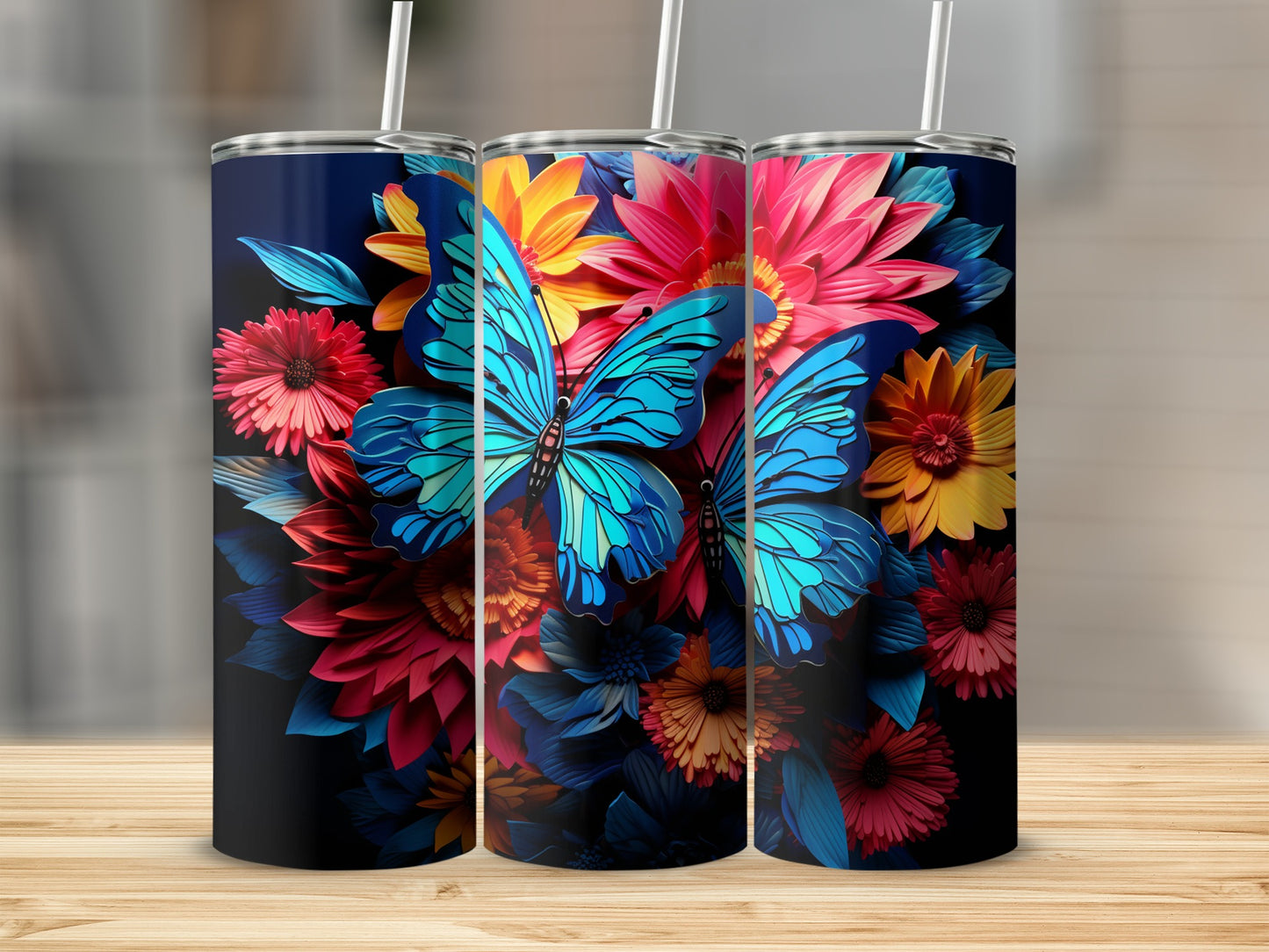 Vibrant Colorful Butterfly and Flowers Tumbler Design