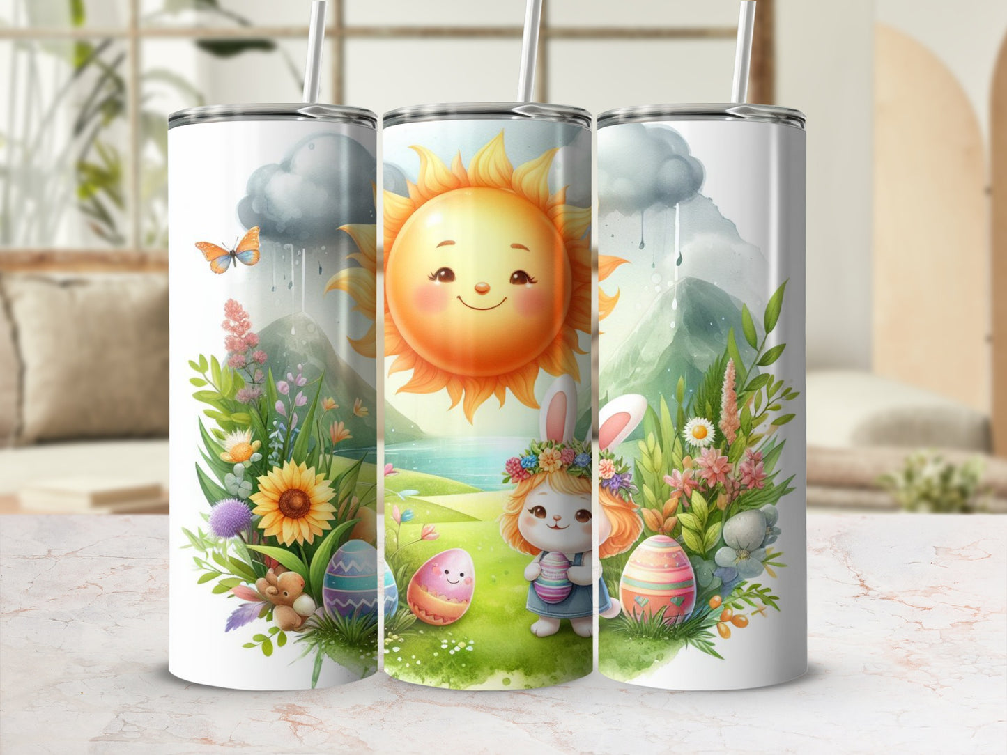 Easter bunny with sun, flowers, eggs, and mountains.