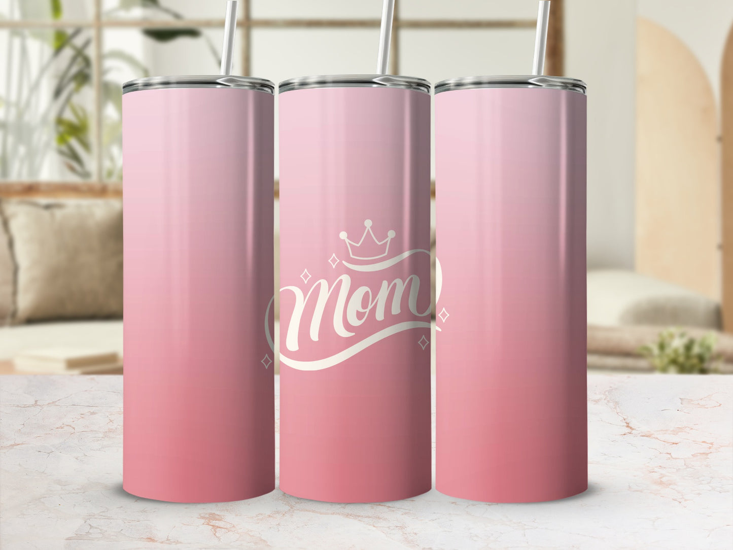 Pink ombre tumbler with "Mom" in white script and a crown.