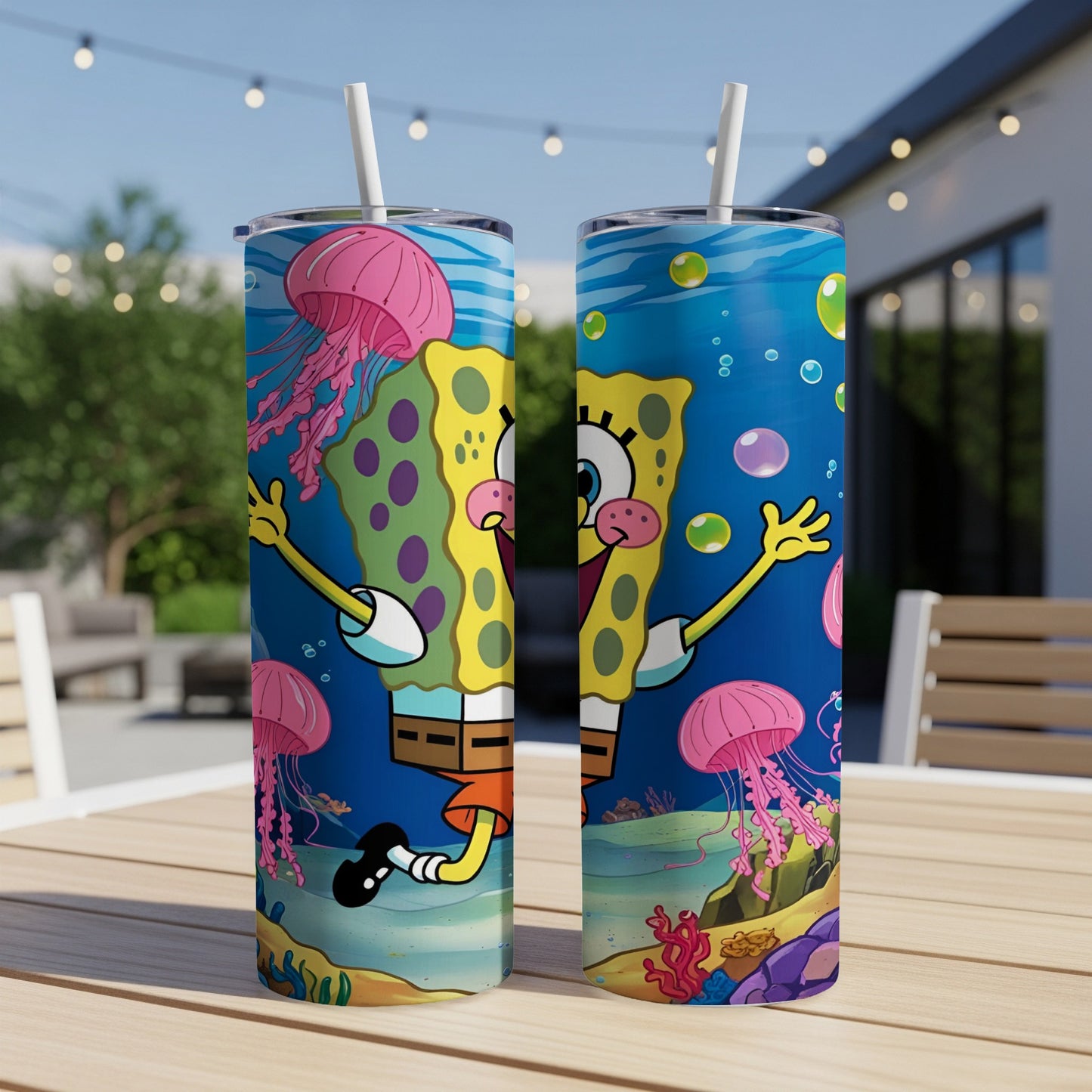 SpongeBob SquarePants character on two blue tumblers with underwater background.