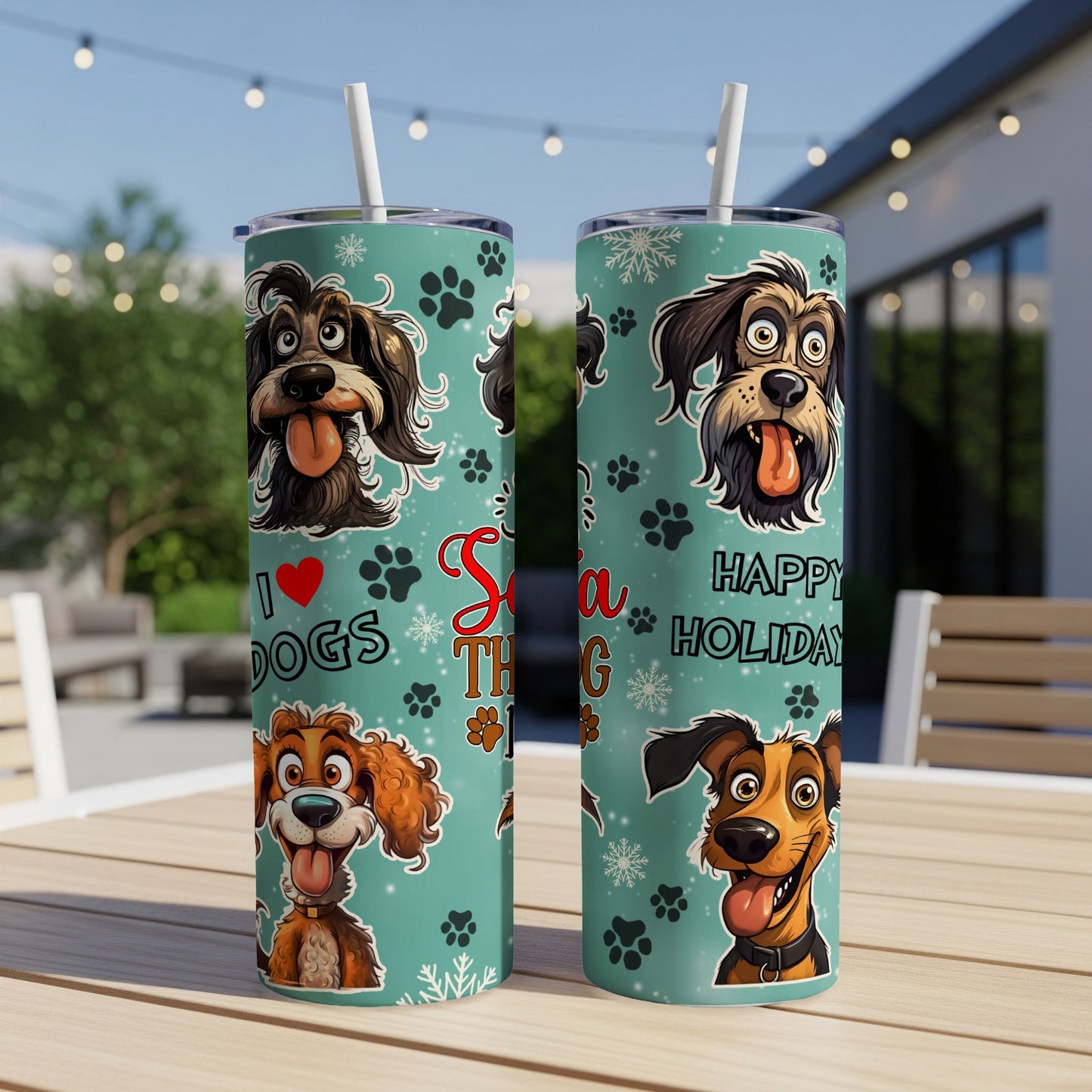 Two teal tumblers with cartoon dogs and "I Love Dogs" and "Happy Holiday" text.