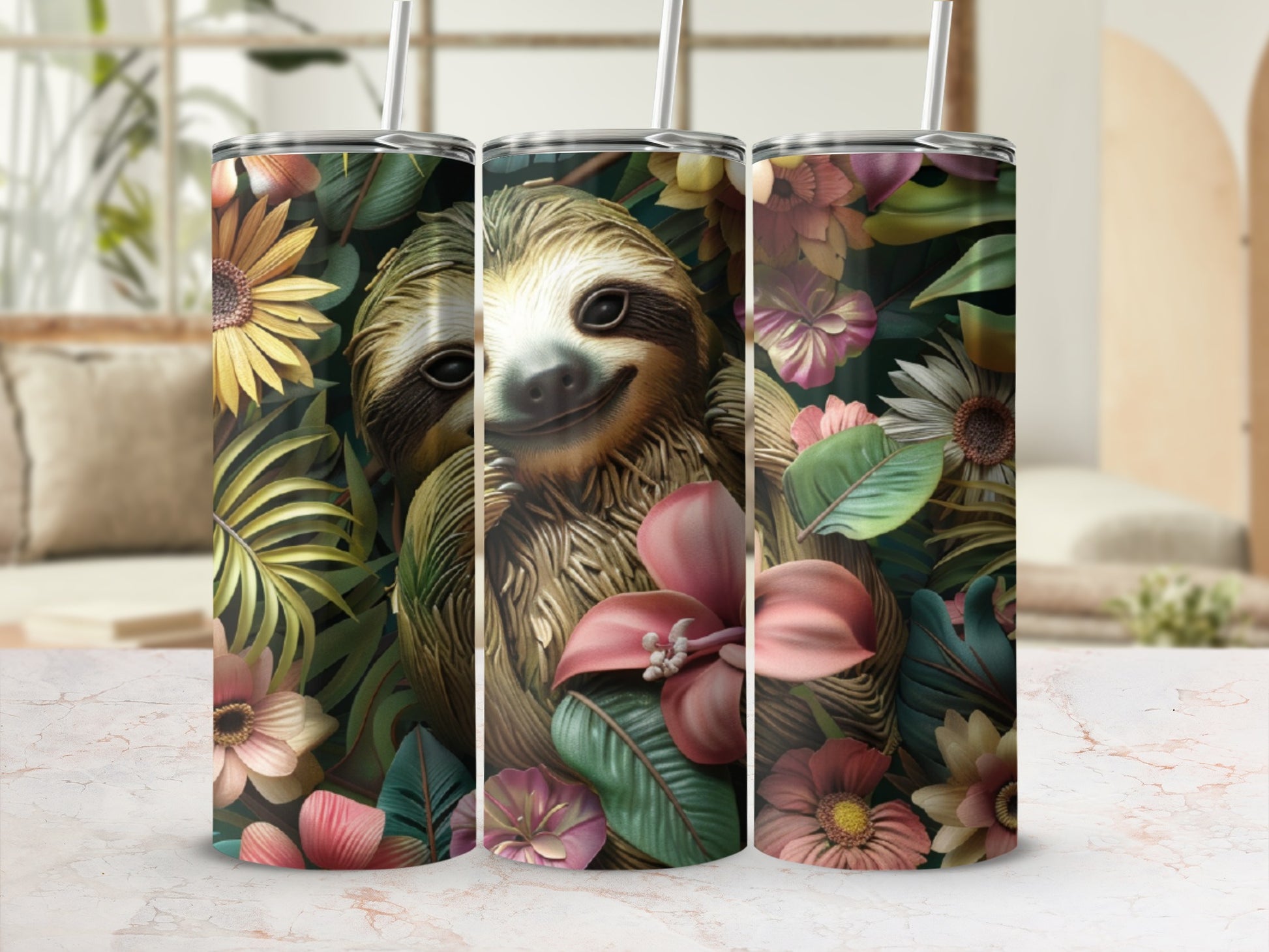 Smiling sloth nestled among vibrant tropical flowers and leaves.