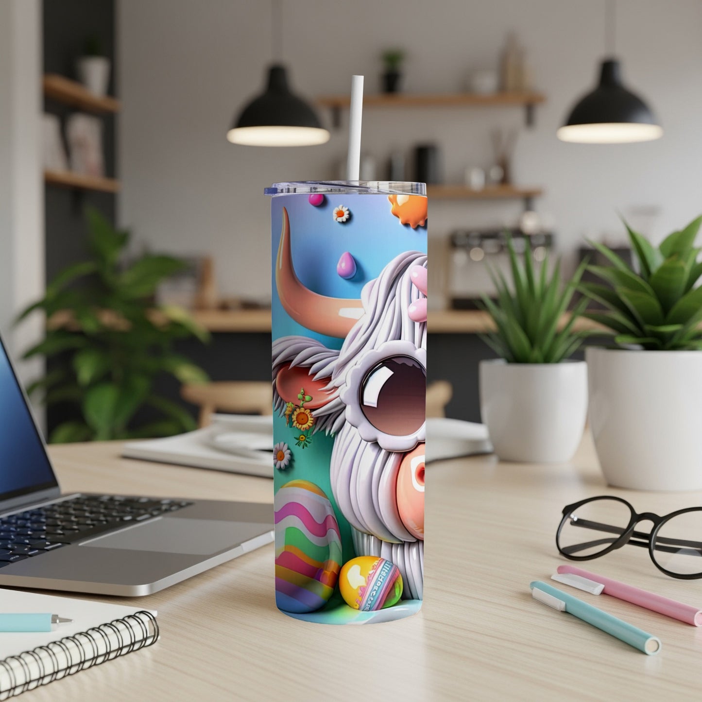 White shaggy cow with sunglasses on Easter egg patterned tumbler.
