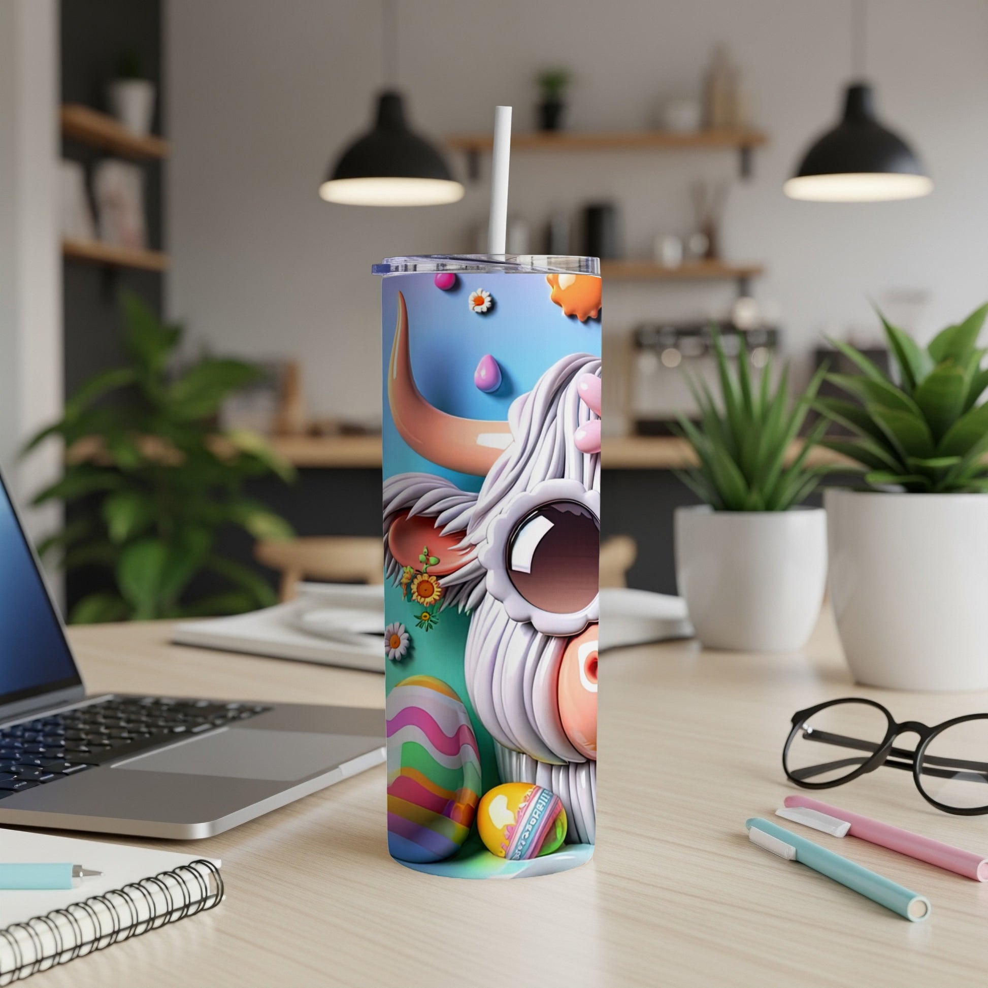 White shaggy cow with sunglasses on Easter egg patterned tumbler.