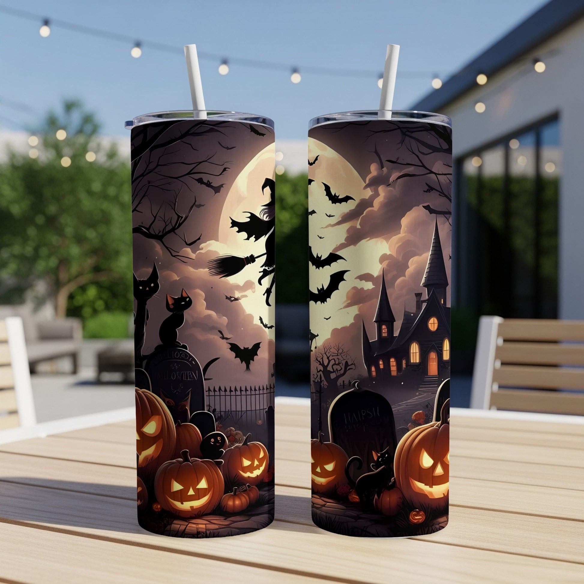 Two tumblers with a spooky Halloween scene featuring pumpkins, a witch, haunted house, and bats.